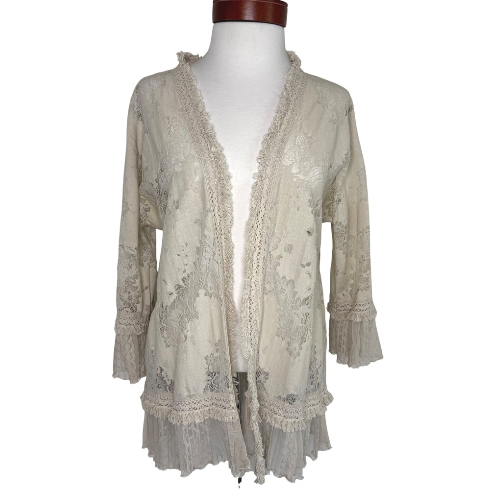 Ali Miles Floral Lace Fringe Open Front Cardigan Small Cream Boho Fairy Romantic